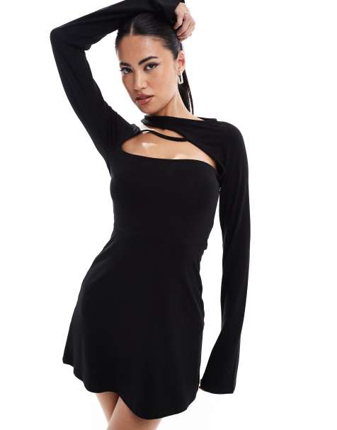 ASOS DESIGN long sleeve mini dress with cut out neckline in black
