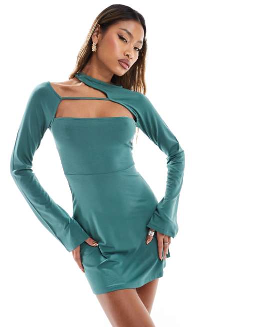 ASOS DESIGN long sleeve mini dress with cut out neckline in pine green ASOS