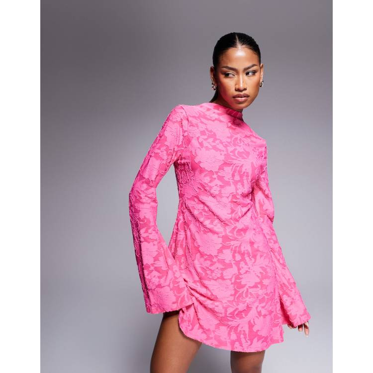 ASOS DESIGN long sleeve mini dress with high neck and open back in pink devore ASOS