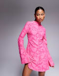[ASOS DESIGN] ASOS DESIGN long sleeve mini dress with high neck and open back in pink devore XS Pink