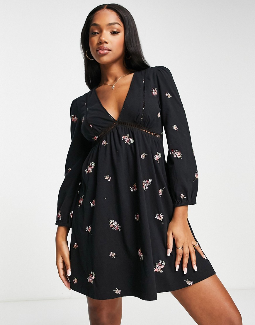 ASOS DESIGN long sleeve mini dress with ladder trim detail and floral embroidery in black