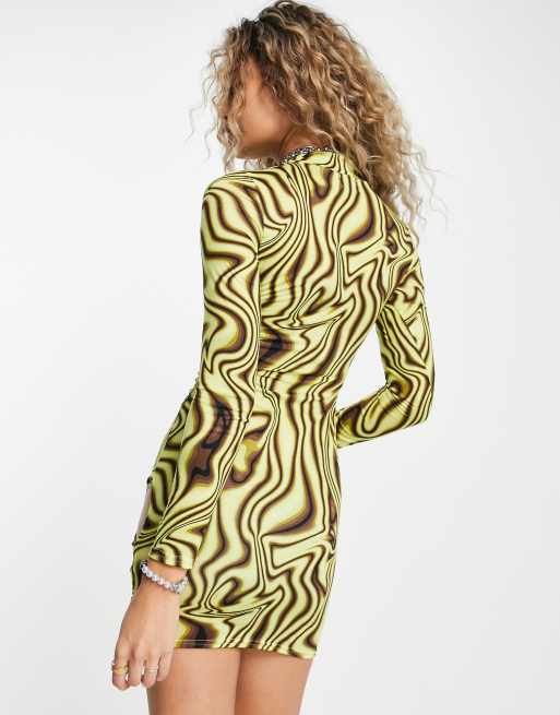 ASOS DESIGN long sleeve mini dress with lattice side detail in yellow swirl print