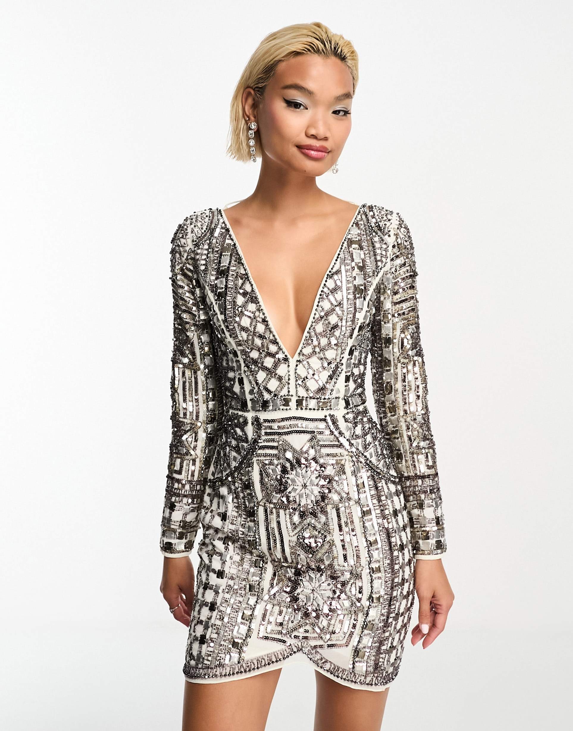 asos design long sleeve mini dress with mosaic embellishment in mono