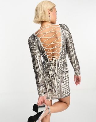 ASOS DESIGN long sleeve peekaboo ruched mesh mini dress in slate gray