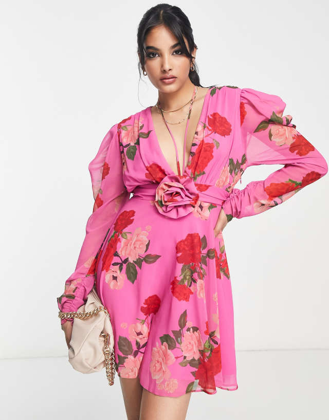 ASOS DESIGN long sleeve mini dress with neck ties and corsage in pink floral print