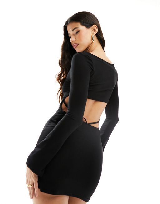 FhyzicsShops DESIGN long sleeve mini dress with open back and strap details in black