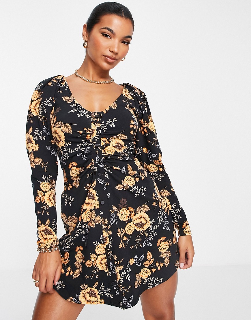 ASOS DESIGN long sleeve mini dress with ruching detail in black and gold floral print