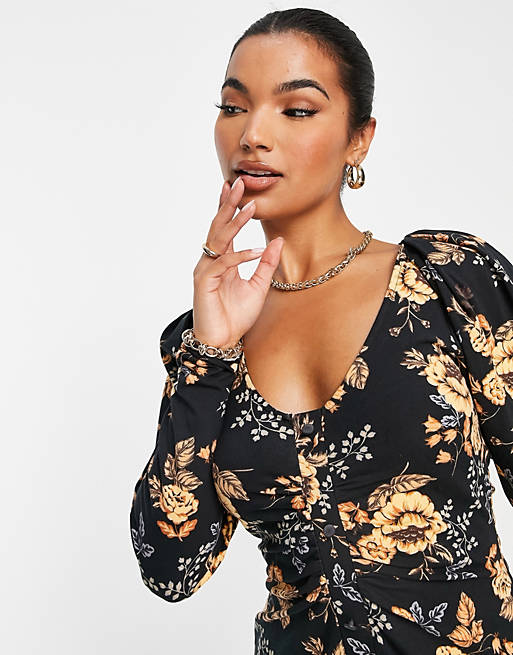 Dresses long sleeve mini dress with ruching detail in black and gold floral print 