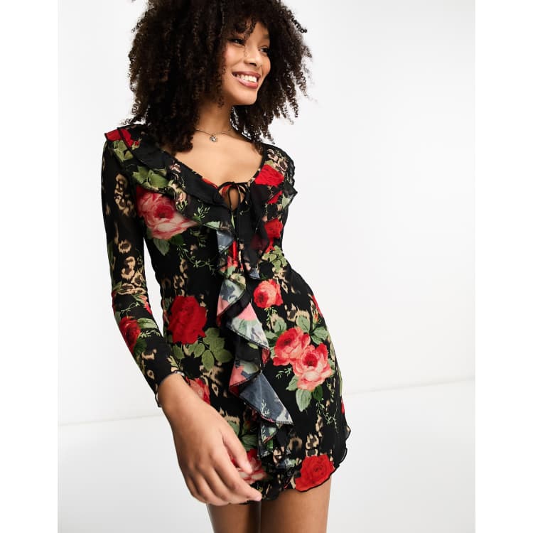 ASOS DESIGN long sleeve mini dress with ruffle detail in red rose print