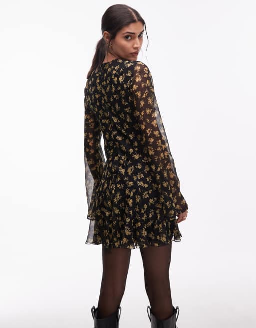 ASOS DESIGN long sleeve mini dress with ruffle skirt in ditsy floral, 2 of 4