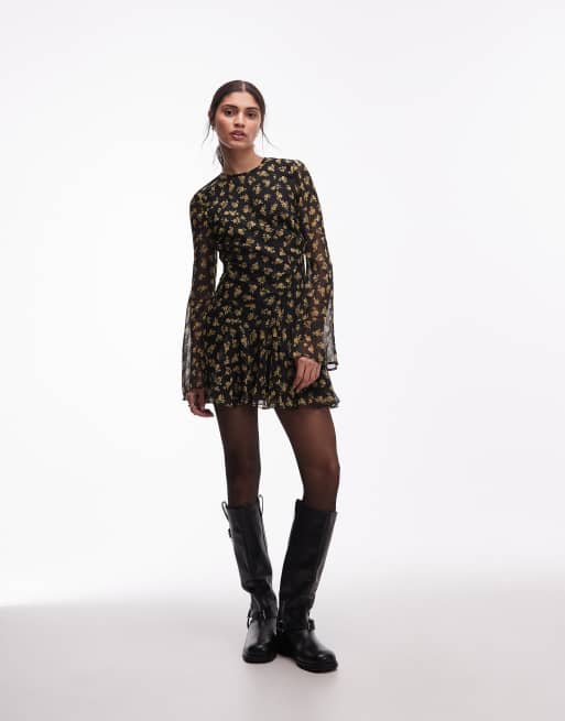 ASOS DESIGN long sleeve mini dress with ruffle skirt in ditsy floral, 4 of 4