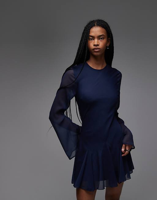 long sleeve ruffle mini dress Women's Mia Lace Ruffled - Black In Size Small The garment is intentionally sheer Long-Sleeve V-Neck Ruffle Mini Dress