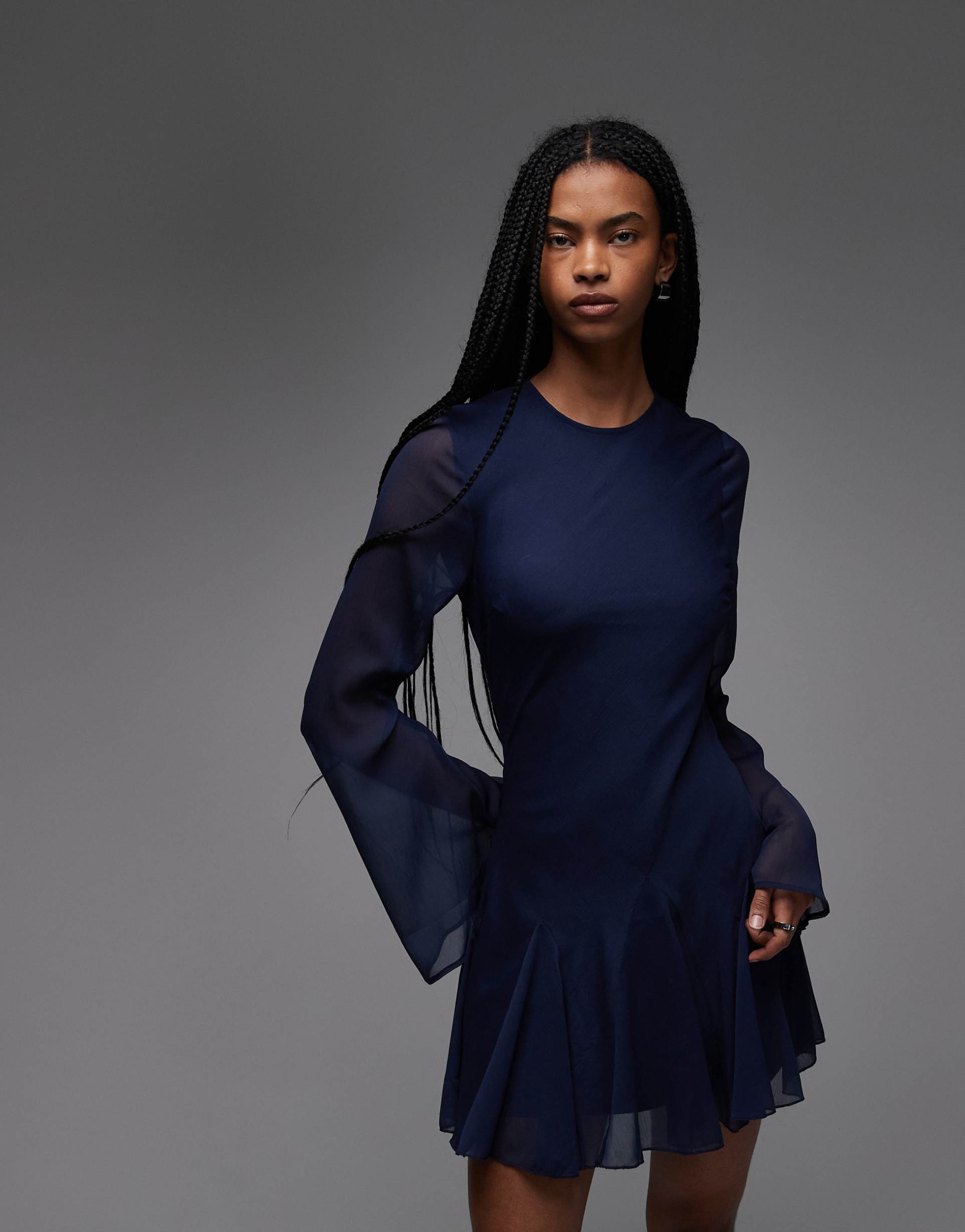 asos design long sleeve mini dress with ruffle skirt in navy