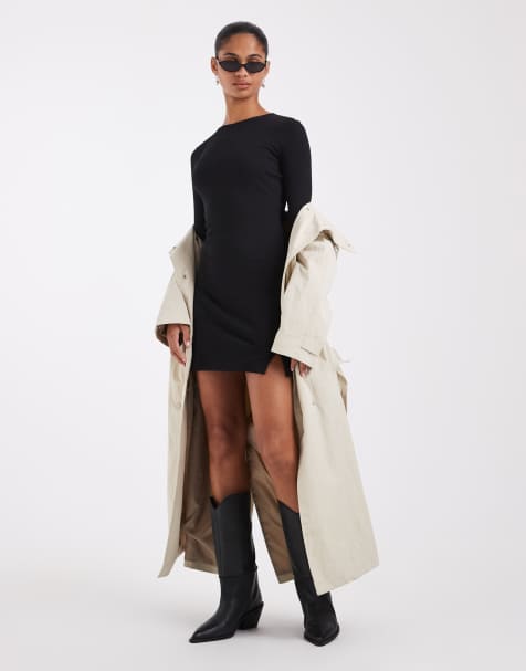 ASOS DESIGN long sleeve mini dress with split hem in black - view 1