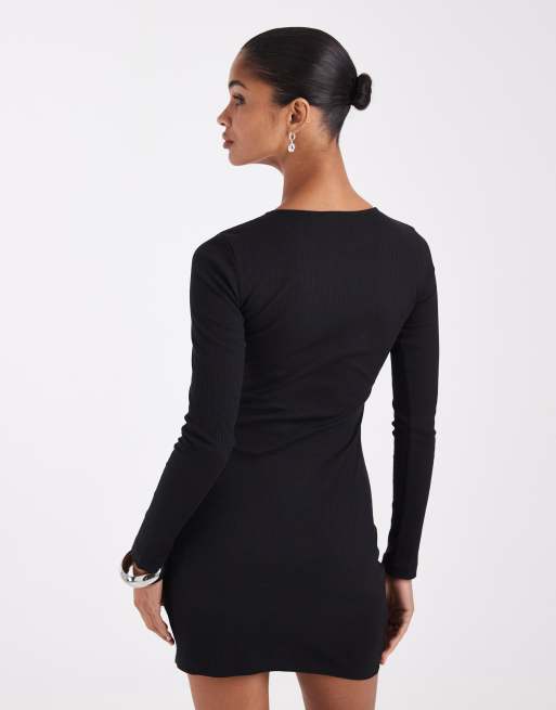 ASOS DESIGN long sleeve mini dress with split hem in black, 3 of 4