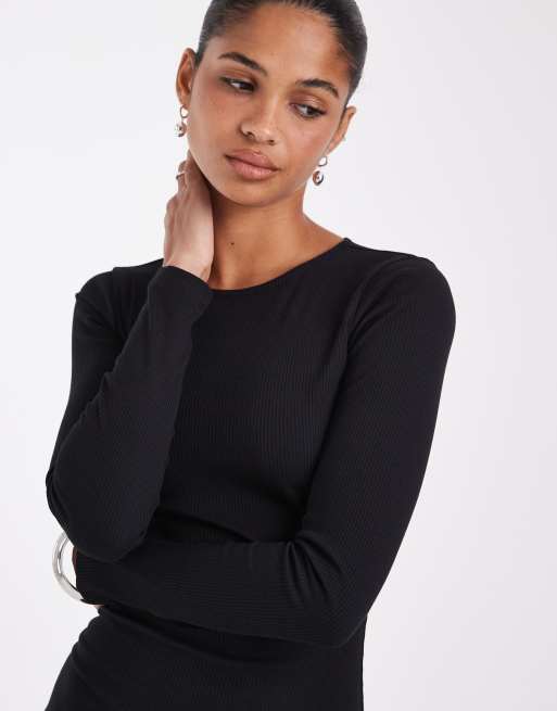 ASOS DESIGN long sleeve mini dress with split hem in black, 4 of 4