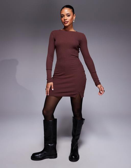 ASOS DESIGN long sleeve mini dress with split hem in chocolate, 2 of 4