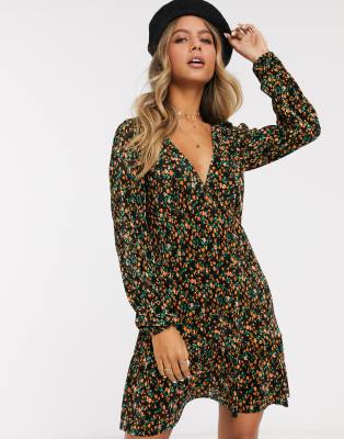 Asos Design Long Sleeve Mini Plisse Tea Dress Pep Hem In Ditsy Print ...