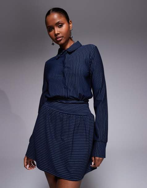 ASOS DESIGN long sleeve mini polo dress with cinched waistband in navy pinstripe