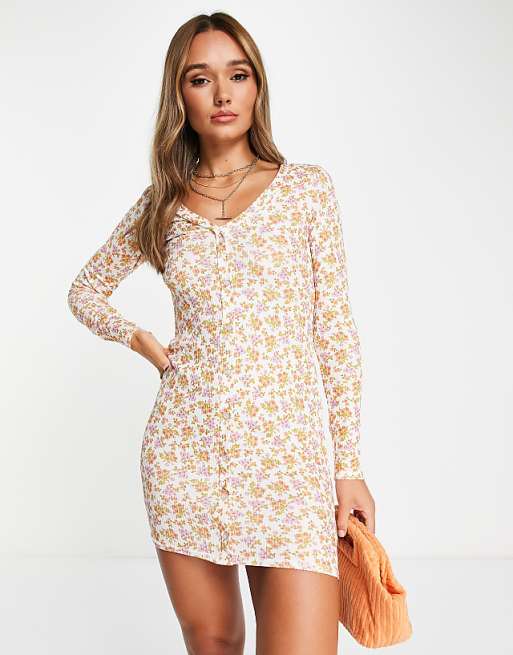 ASOS DESIGN long sleeve mini shirt dress in cream ditsy floral | ASOS