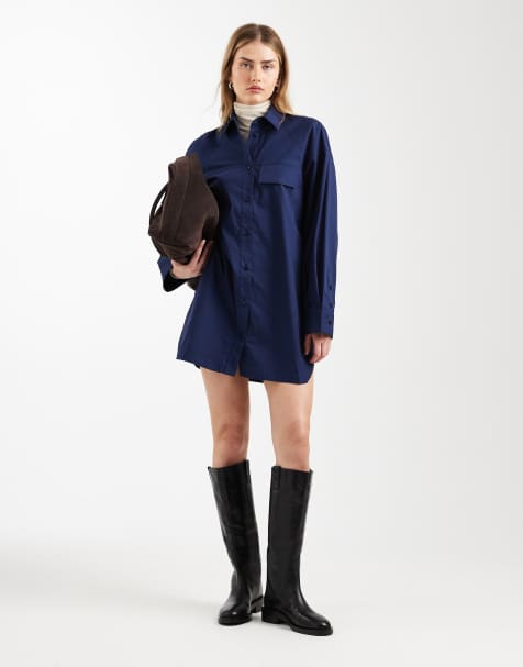 ASOS DESIGN long sleeve mini shirt dress with front pockets in navy - view 1