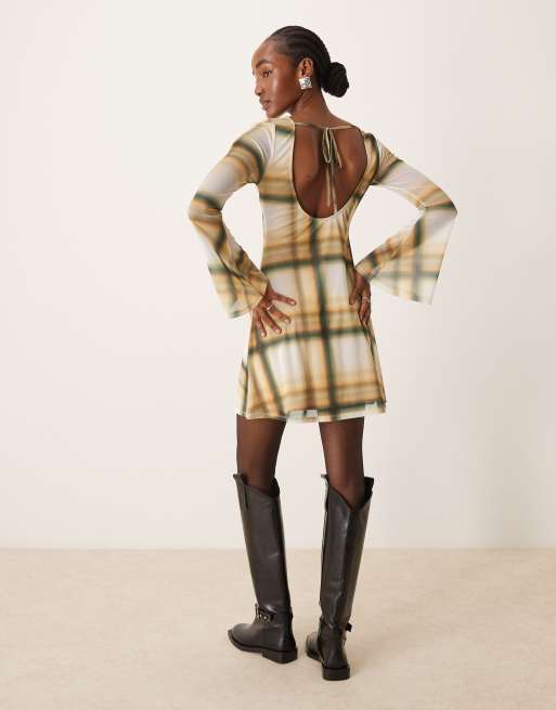 ASOS DESIGN long sleeve mini skater dress with open back in check print