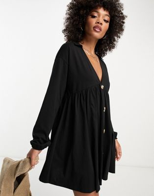 ASOS DESIGN long sleeve mini smock dress with buttons in black | ASOS