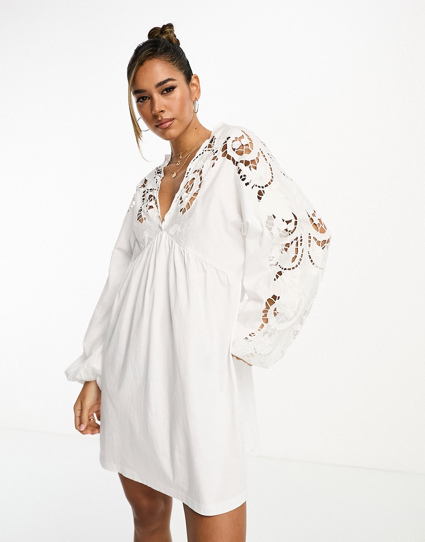 ASOS DESIGN long sleeve mini smock dress with cut out embroidery in white