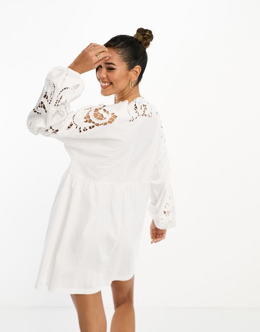 ASOS DESIGN long sleeve mini smock dress with cut out embroidery in white