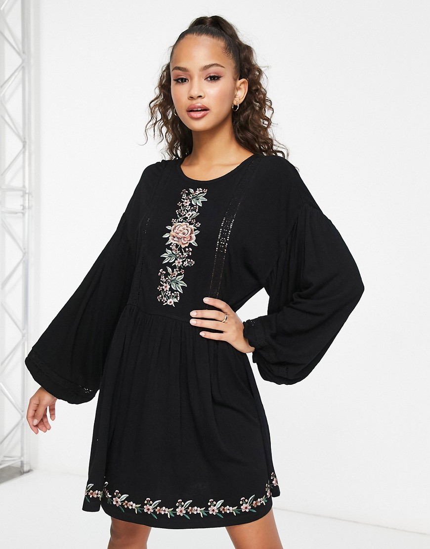 ASOS DESIGN long sleeve mini smock dress with lace detail and floral embroidery in black