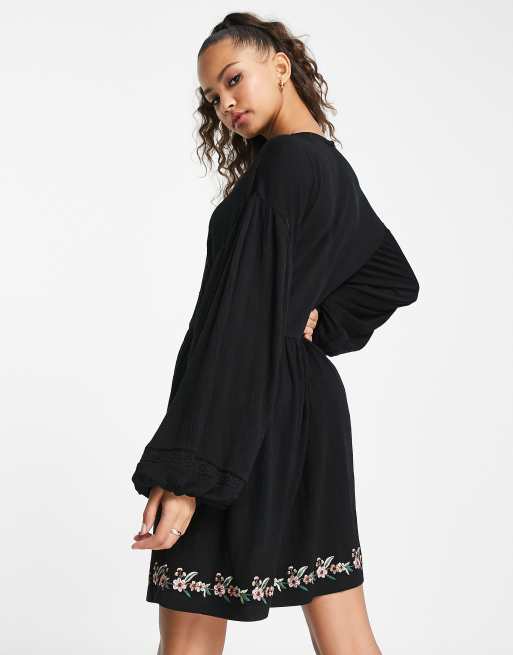 ASOS DESIGN long sleeve mini smock dress with lace detail and floral  embroidery in black