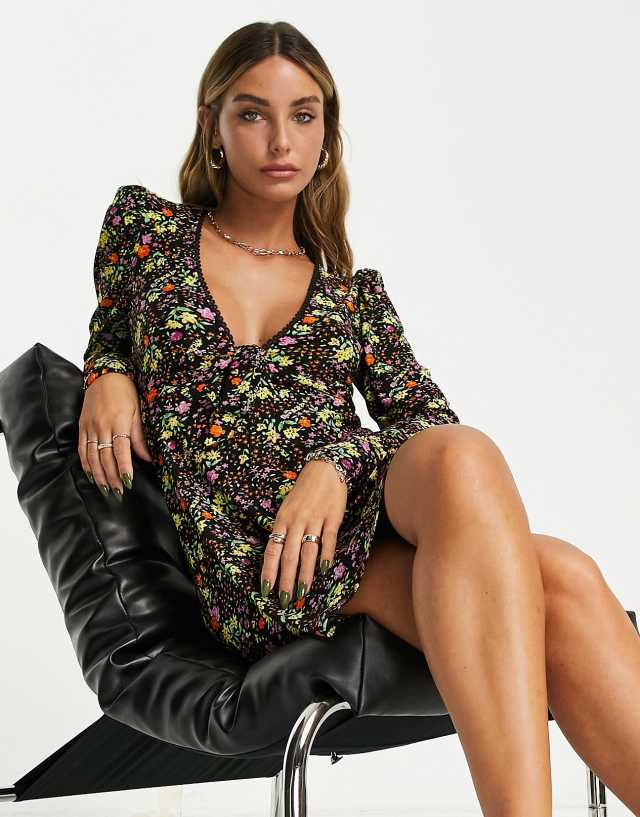 ASOS DESIGN long sleeve mini tea dress with tie detail in ditsy floral