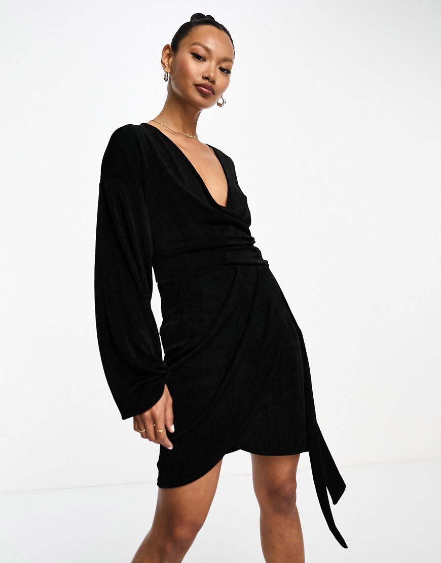 ASOS DESIGN long sleeve mini wrap dress with side tie in black