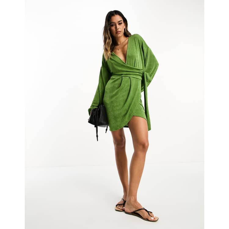 ASOS DESIGN Maternity Nursing mini wrap dress with long sleeves in forest  green