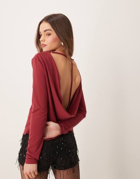 ASOS DESIGN long sleeve modal top with drape cowl back detail in burgundy - view 1