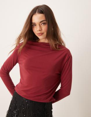 売れ筋商品|||ニューヨークコレクション カットソー トップス レディース Women's Missy Long Sleeve Overlapping Cowl Neck Top Maroon Maroon-Front-Tie-Detail-Ruched