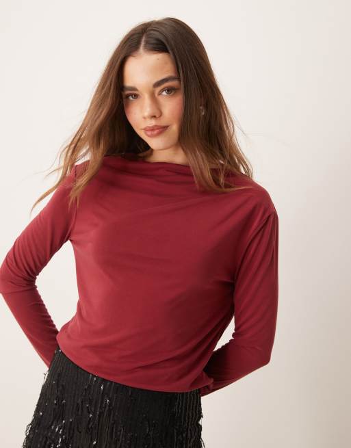 ASOS DESIGN long sleeve modal top with drape cowl back detail in burgundy