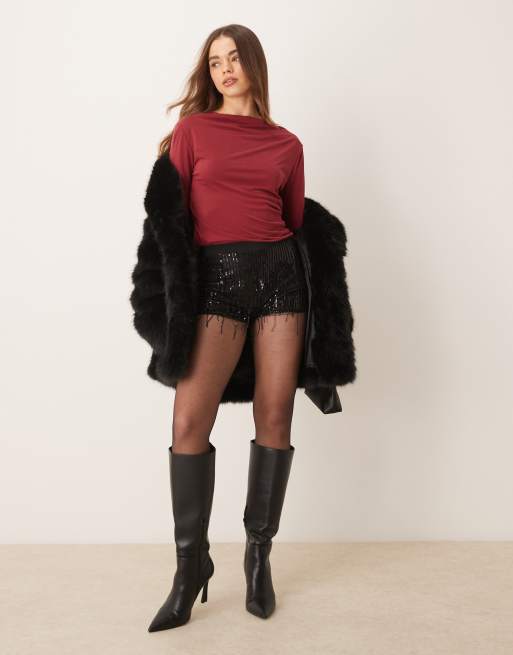 ASOS DESIGN long sleeve modal top with drape cowl back detail in burgundy