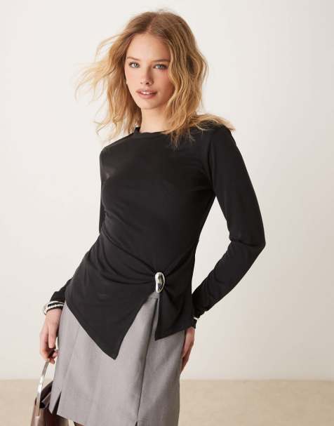 ASOS DESIGN long sleeve modal twist top with silver trim in black - view 1