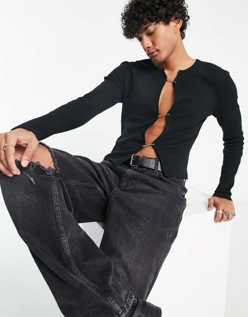 ASOS DESIGN long sleeve muscle cardigan with safety pins in black