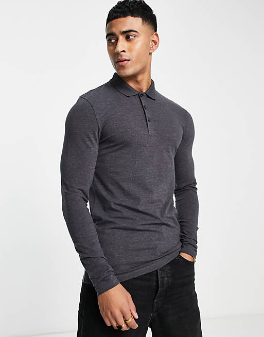 ASOS DESIGN long sleeve muscle fit jersey polo in charcoal heather | ASOS