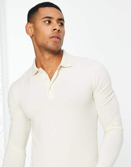 ASOS DESIGN long sleeve muscle fit jersey polo in cream