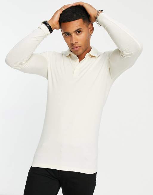 ASOS DESIGN long sleeve muscle fit jersey polo in cream