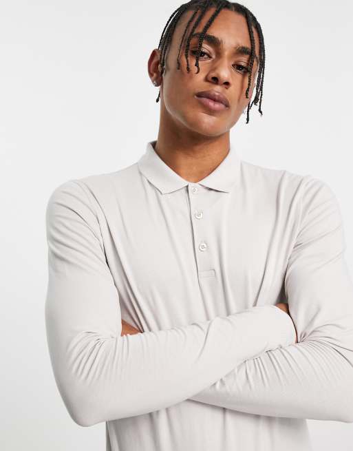 ASOS DESIGN long sleeve muscle fit jersey polo in off white