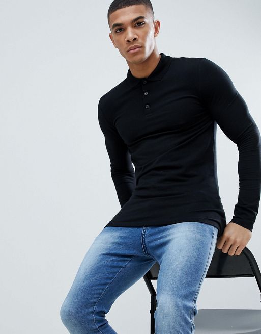 ASOS DESIGN long sleeve muscle fit jersey polo with stretch in black | ASOS