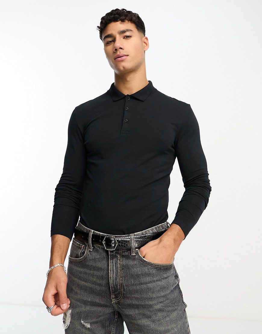 ASOS DESIGN long sleeve muscle fit polo in black