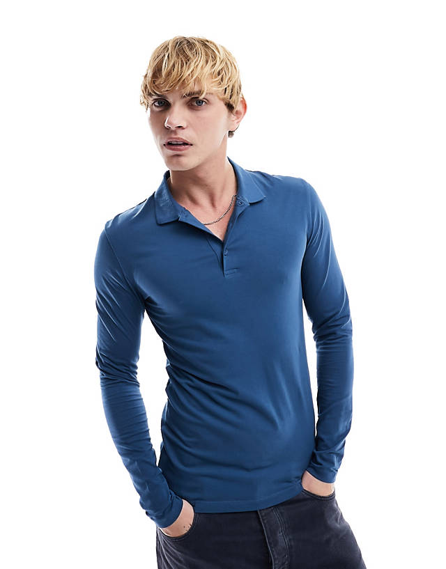 ASOS DESIGN - long sleeve muscle fit polo in blue