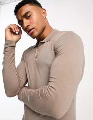 ASOS DESIGN long sleeve muscle fit polo in  brown