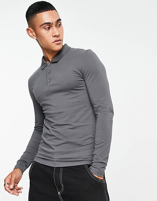 ASOS Design long sleeve muscle fit polo in charcoal gray | ASOS