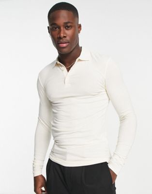 ASOS Design long sleeve muscle fit polo in cream
